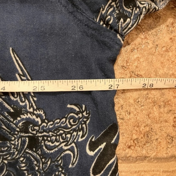 Y2K Utility Dragon Button Up Shirt XL Blue Cotton Rayon Asian Graphic - Picture 6 of 7